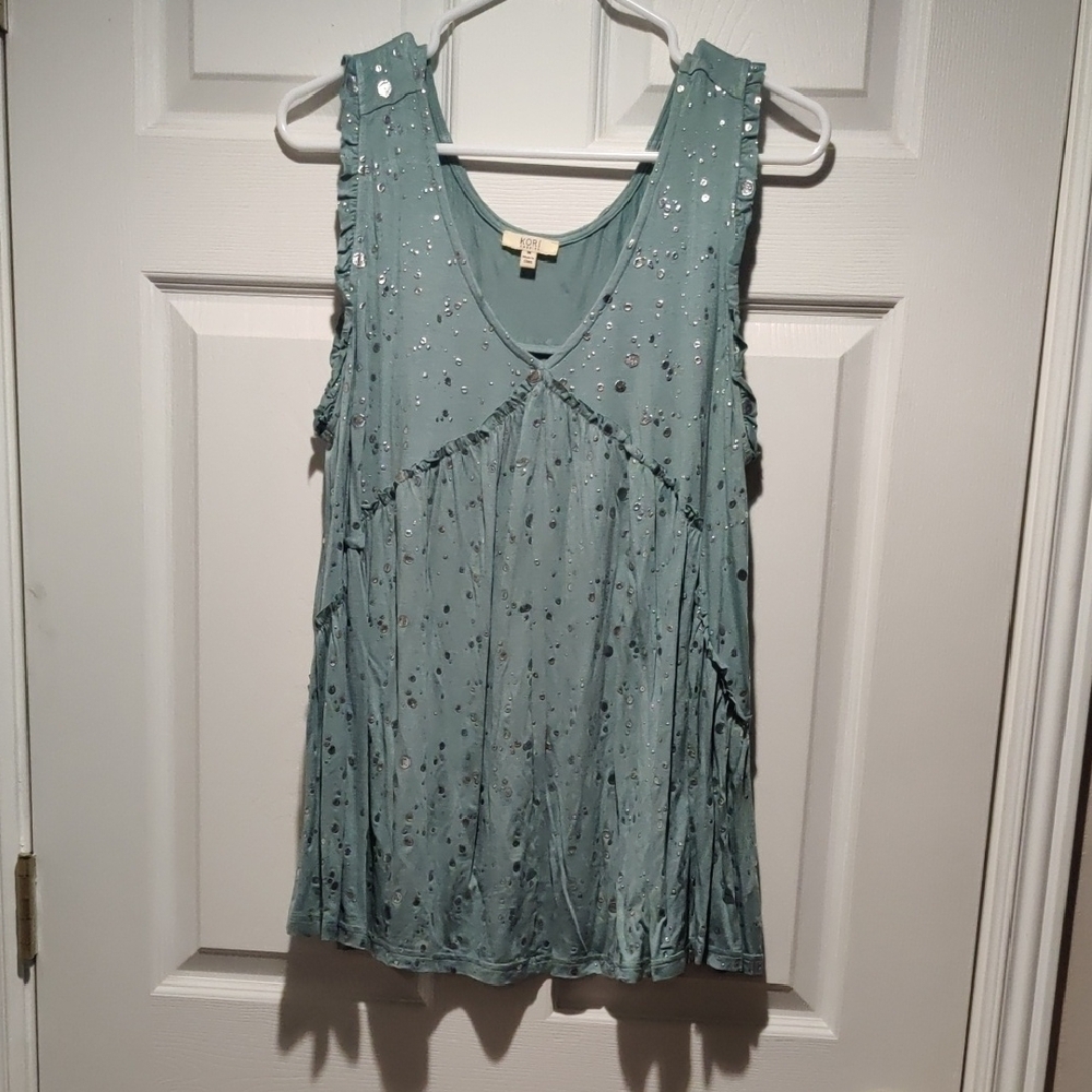 Women's Sleeveless Babydoll Oversized Teal Top With Silver Shiny Detail By Kori